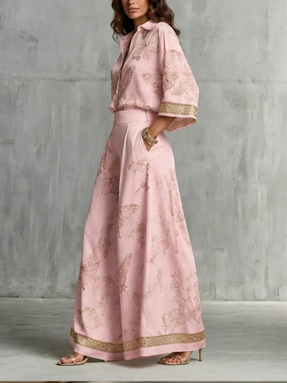 Pink Boho Elegant Women's Print Zip-Up Top & Wide-Leg Pants Set